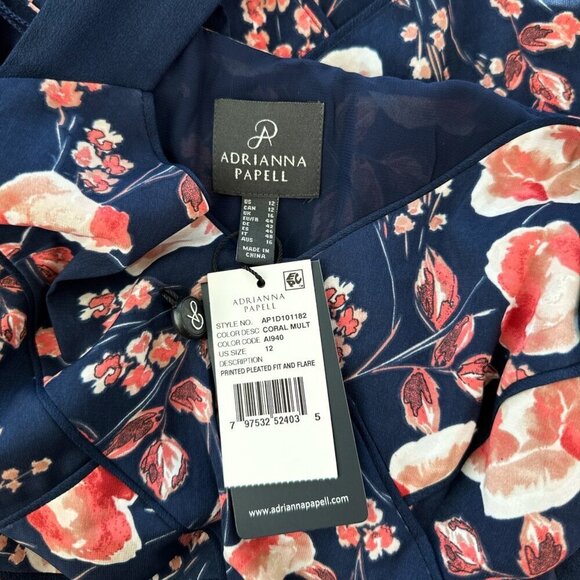 Adrianna Papell Navy Coral Floral Printed Pleated Fit and Flare Dress NWT NEW 12 - Picture 6 of 6